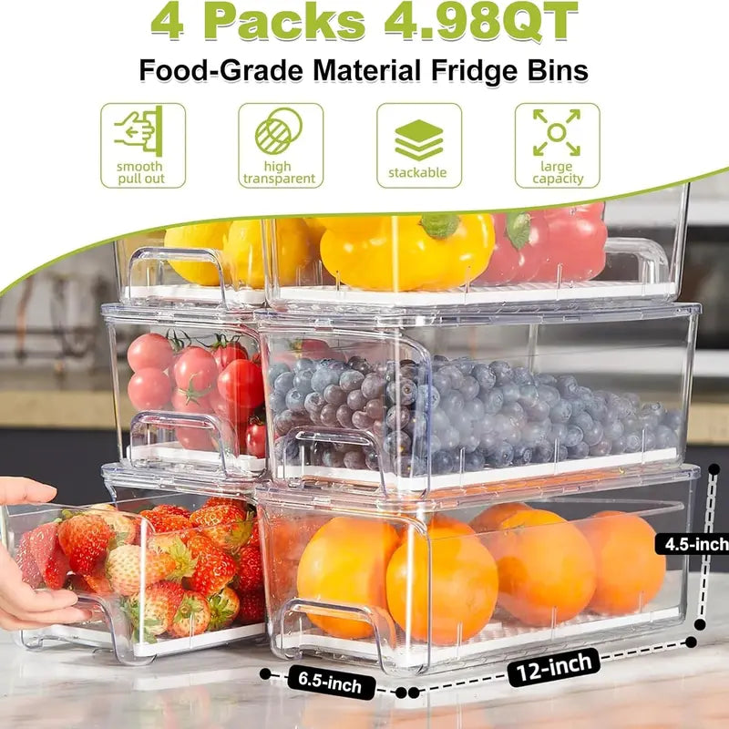 Clear Stackable Fridge Drawer Organizer Bins, 4-Pack